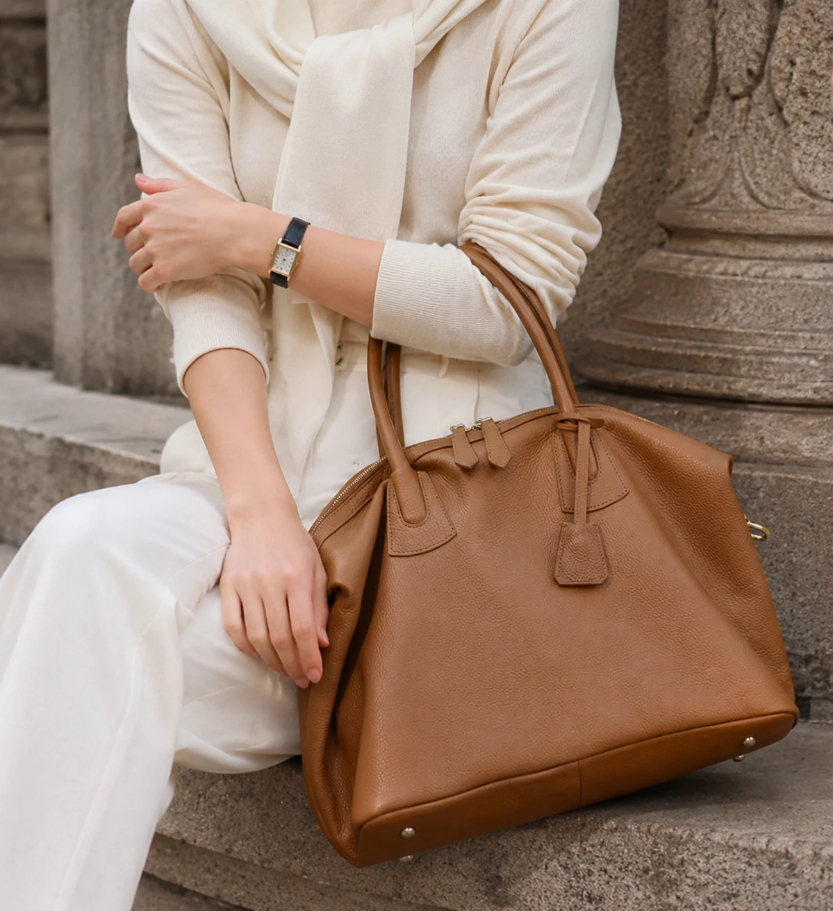 

Large Genuine Leather Boston Bag for Women 46cm Big Capacity Travel Tote Bag Shoulder Handbag