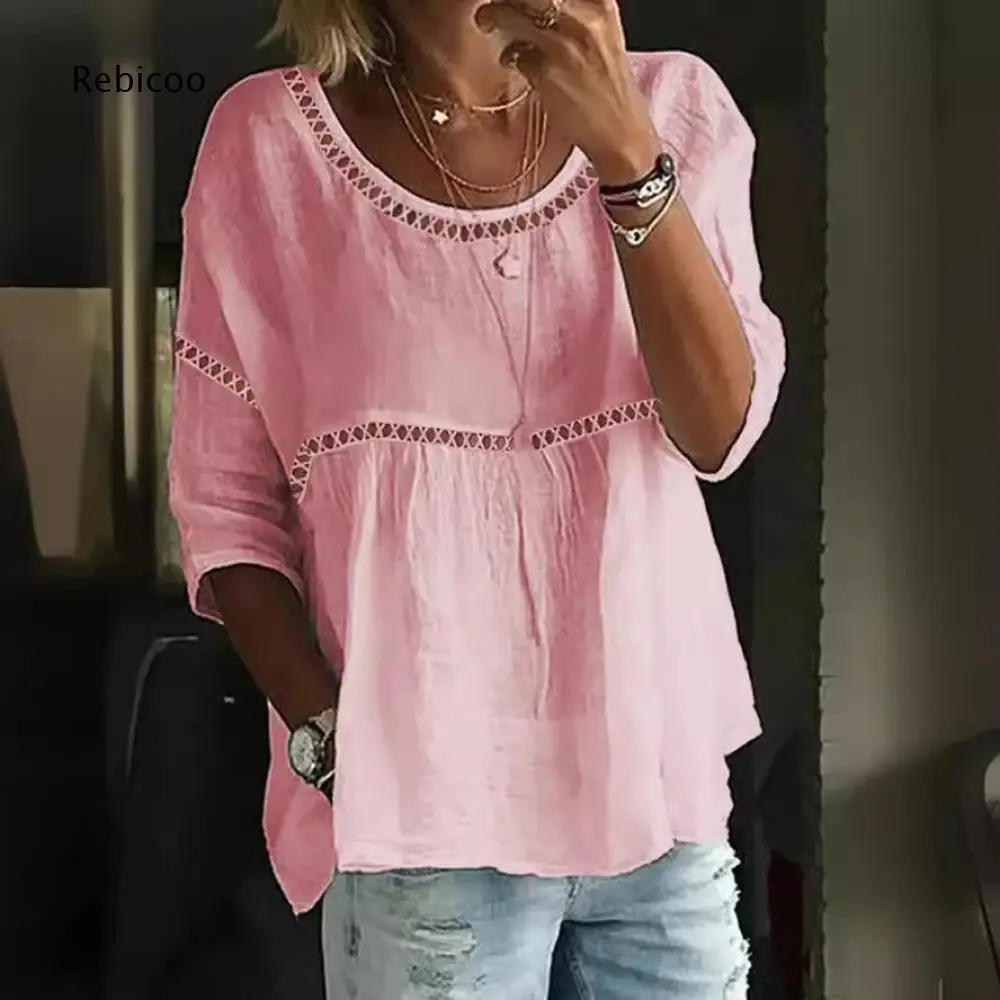 Hollow Lace Trim Loose Blouse For Women Round Neck Three Quarter Sleeve For Comfort Daily Outfits And Multiple Styling Options