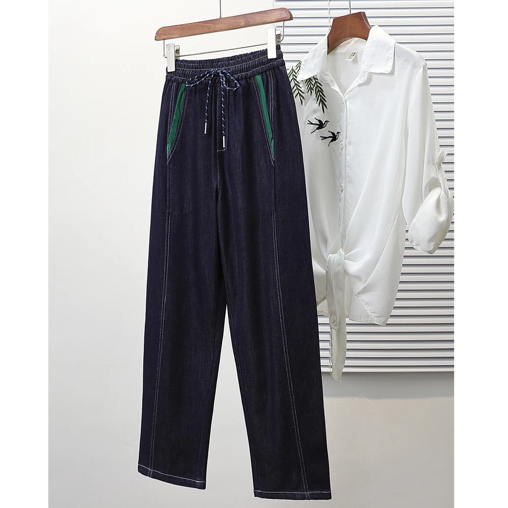 Femmes été bleu profond Denim pantalon taille élastique ample cheville longueur jean polyvalent femme loisirs déplacements pantalons longs L-3XL