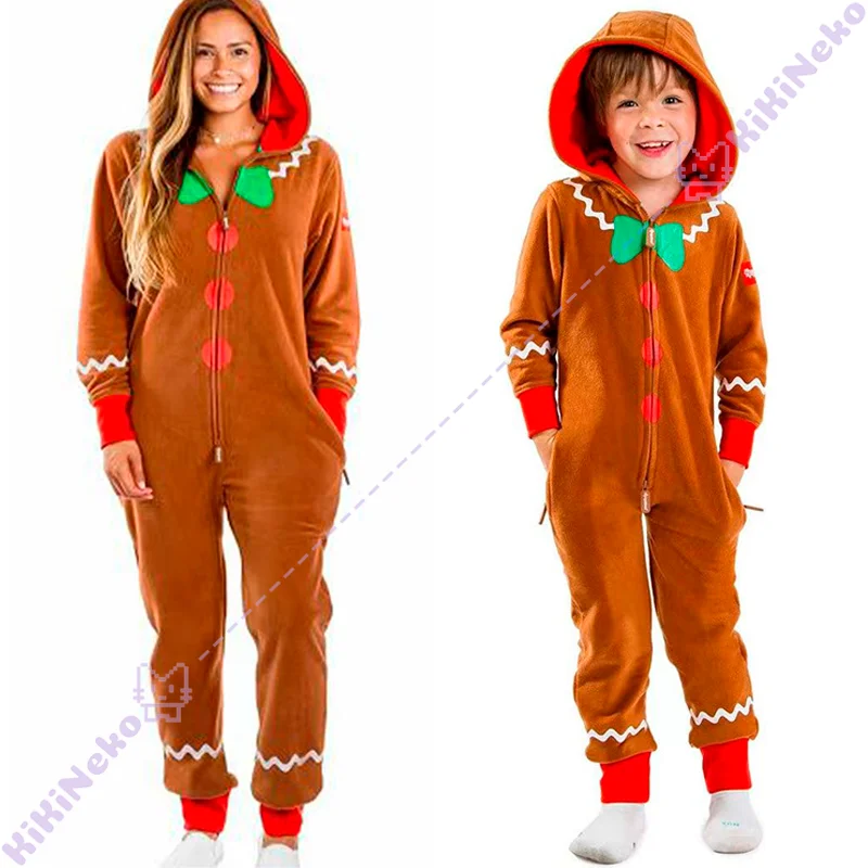 Pão de gengibre dos desenhos animados cosplay traje flanela macacão família combinando pijamas roupa de natal para festa de halloween outfit