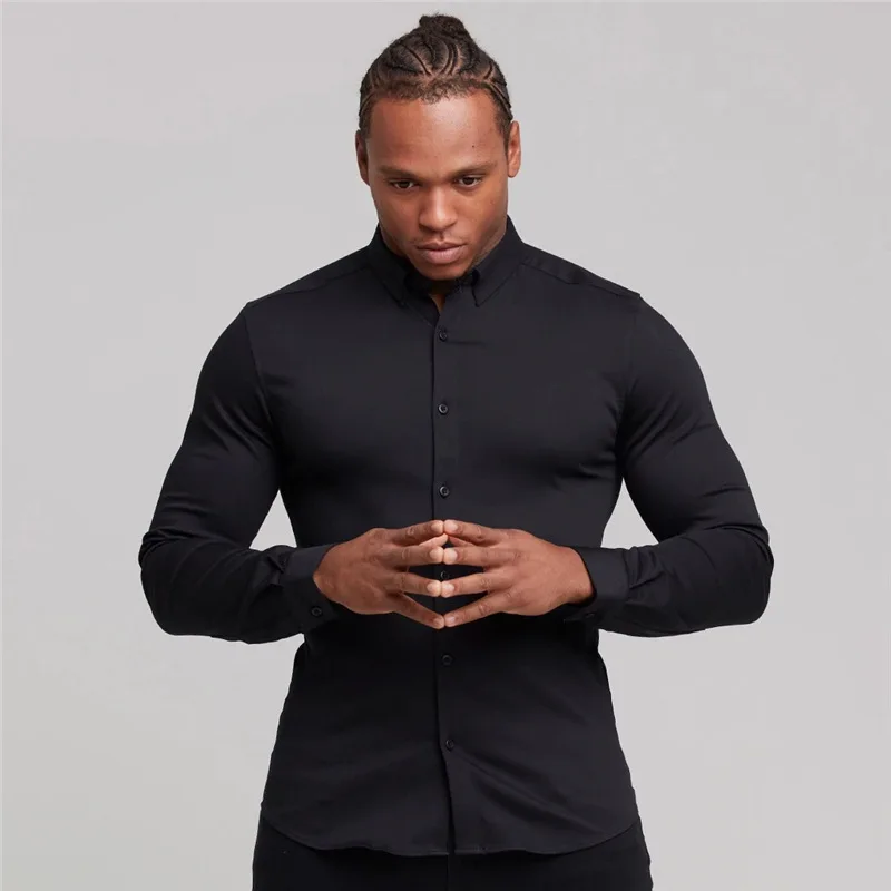 

Мужской тонкий повседневный костюм Fitn irt, эластичный костюм для отдыха, без железа, полиэстер Long Sve