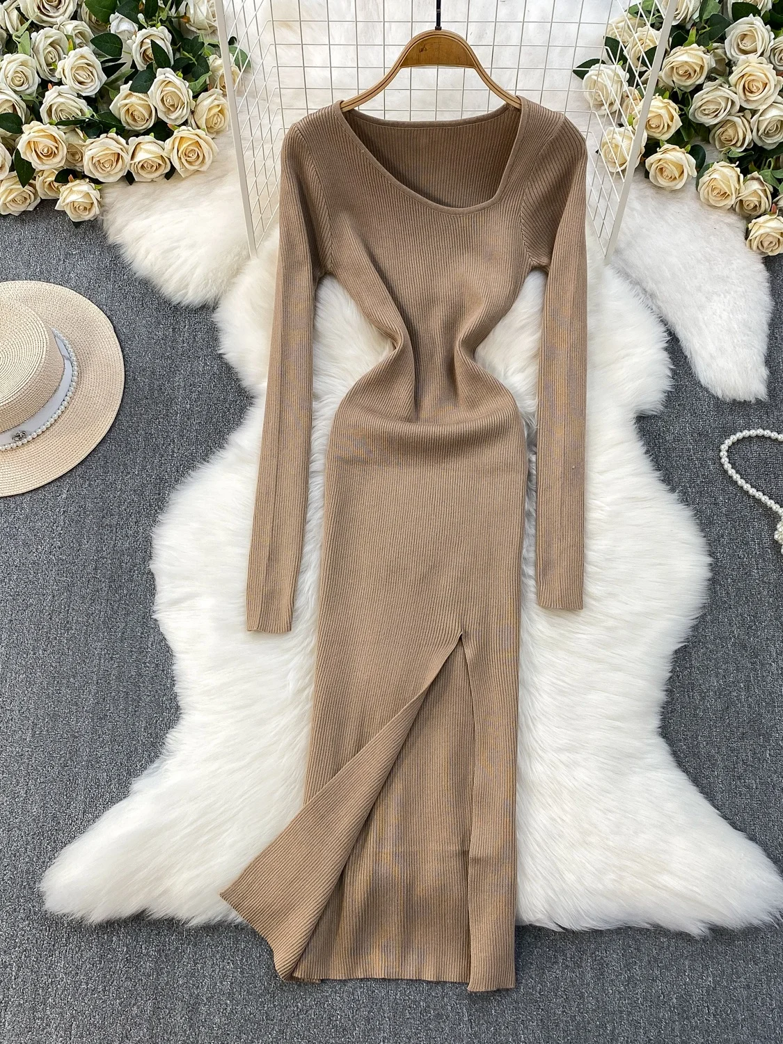 Ele Knitted Dr Damska Jesienno-Zimowa Spódnica z Wysokim Stanem, Rozcięciem na Boku, Długa, Koreańska, Elegancka, Asymetryczny Kołnierz