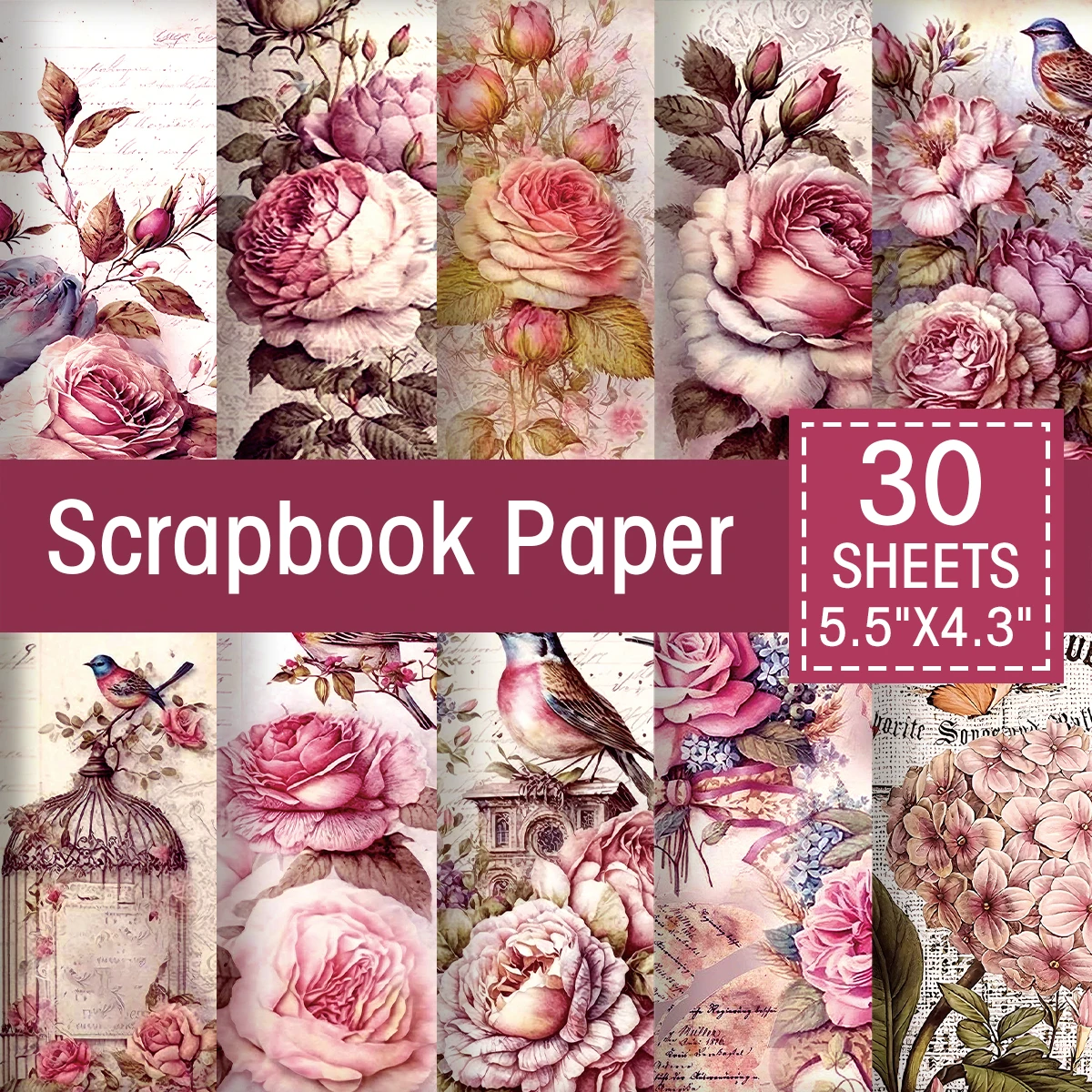 30pcs Vintage Rose Scrapbook Paper Pad,Floral Single-Sided Decorative Craft Paper for DIY Crafts,Album Art,Scrapbooking Supplies