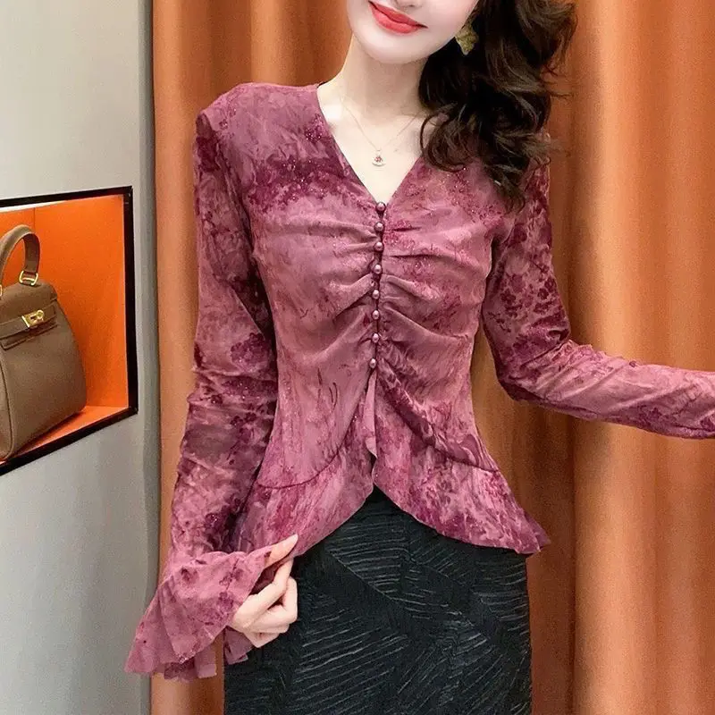 Vintage Harajuku V-neck Sexy Slim Blouse Women Tops Print Flare Long Sleeve Shirt Mesh Ruffle Bottom Shirt Lace Shirts Design