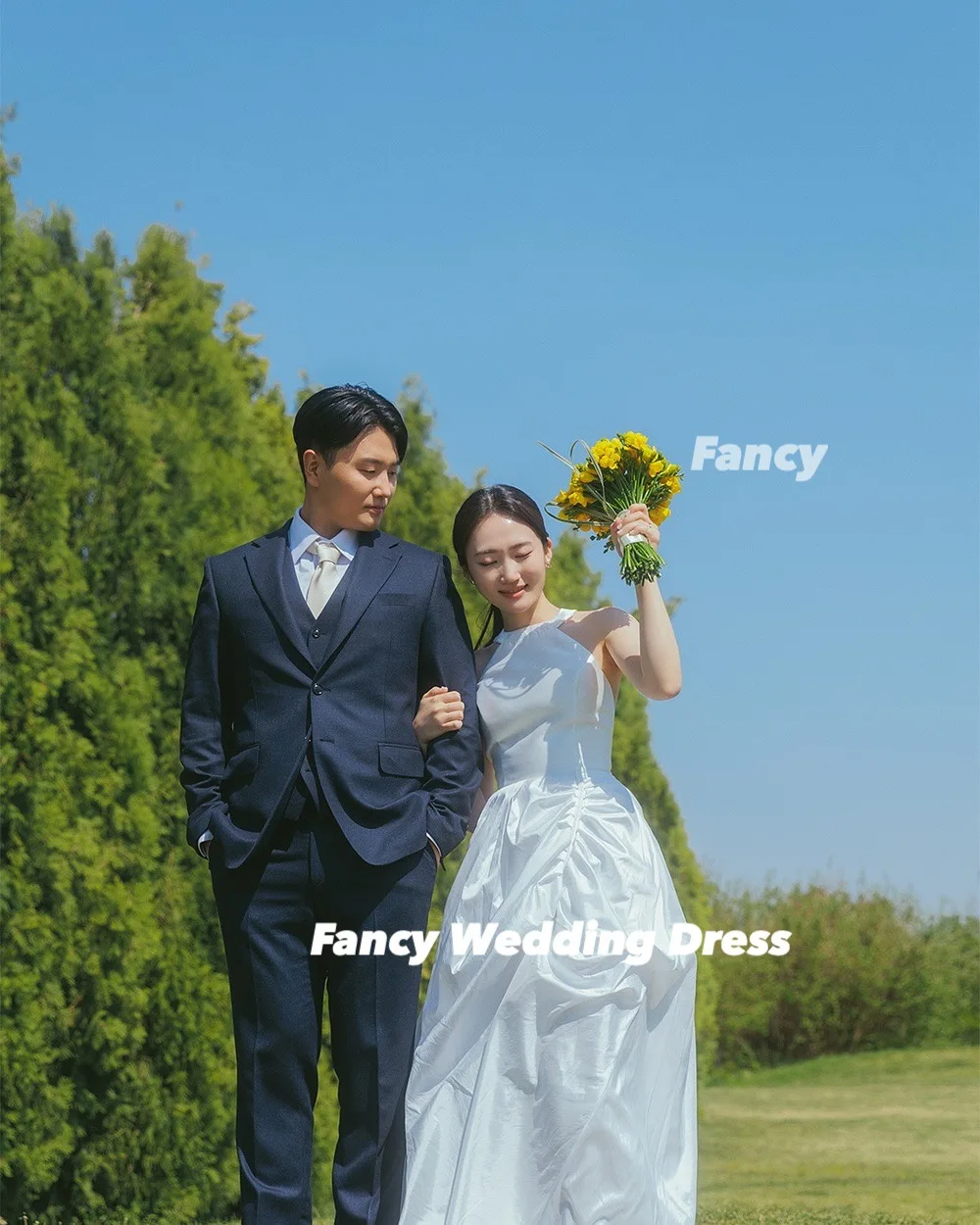 Fancy Simple O Neck Wedding Dress Korea Photo Shoot A Line Taffeta Bridal Gown Sleeveless Back Corset Customized