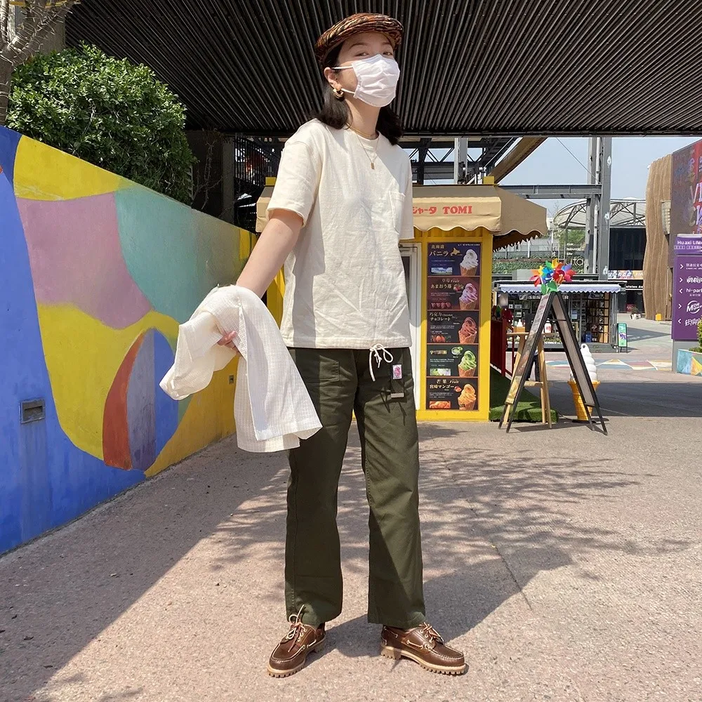 

Ретро-брюки EenGaO из чистого хлопка, прямого кроя, с высокой талией, повседневные, с ремнем, в стиле милитари, синие и цвета хаки