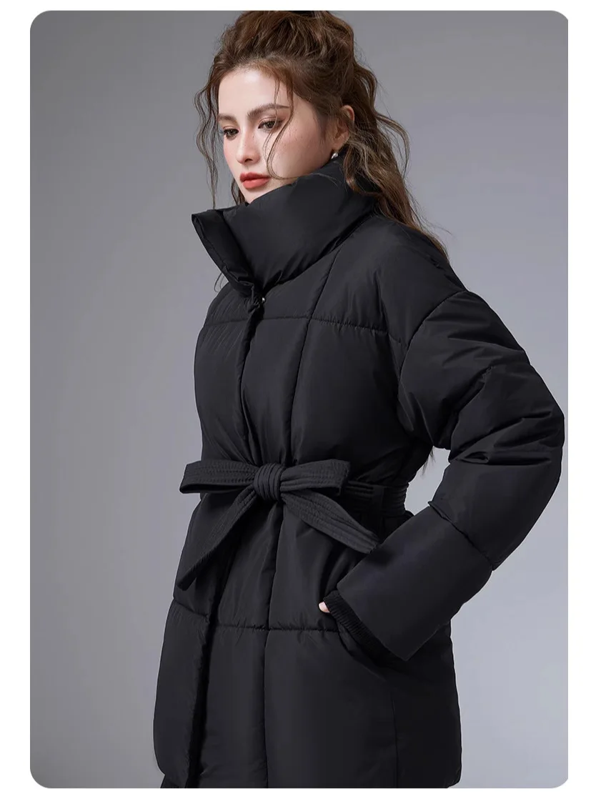 ZAROY Women Winter Belted Jacket Elegant Stand Collar Windproof Puffer Coat Cotton Padded Thick Warm Snow Parkas Overcoat куртка
