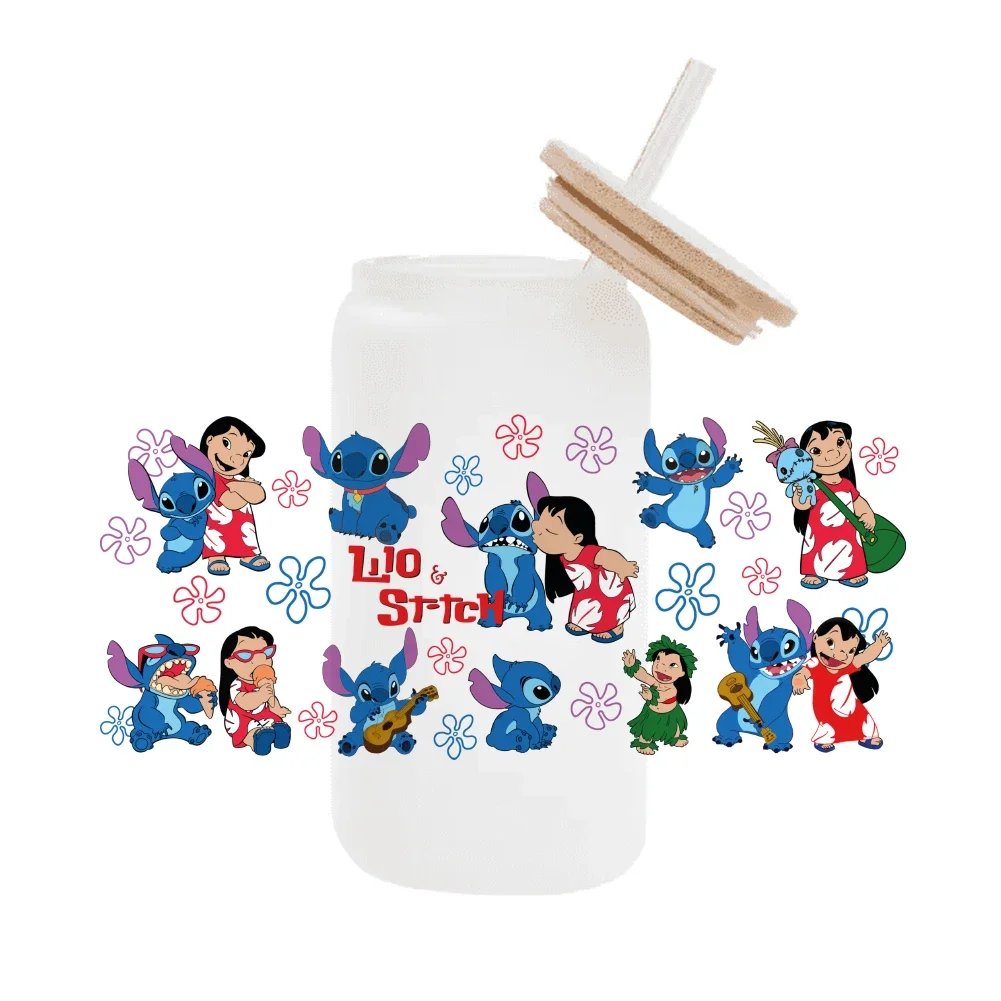 Disney Cartoon Stich für Libbey 16oz Dose Glas 3d wasserdicht UV Dtf Kaffee kann Libbey Glas Wrap einwickeln