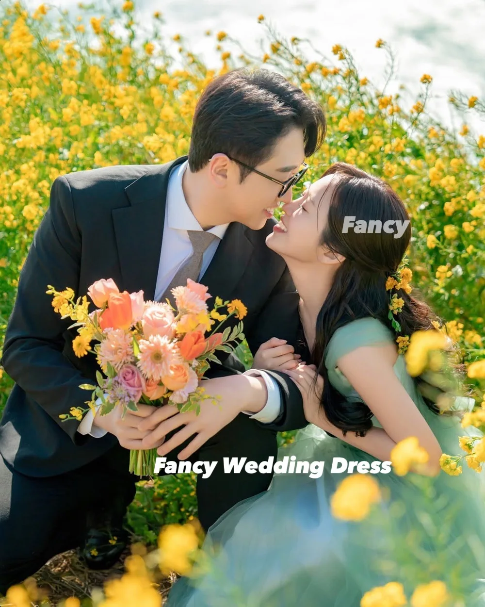 Fancy Korea Princess Light Green Wedding Dress Photo Shoot A Line Soft Tulle Bridal Gown Back Corset Customized