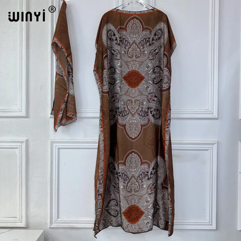 

WINYI 2024 New African Women Dashiki boho print muslim woman dubai Free Size Design With Scarf Maxi Loose African Elegant Dress