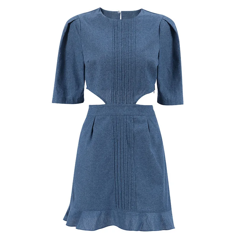 

Blue Elegant Women Denim Dresses Short Sleeve Hollow Out Ruffled Dress Office Ladies Ruched Wash Jeans Dress 2024