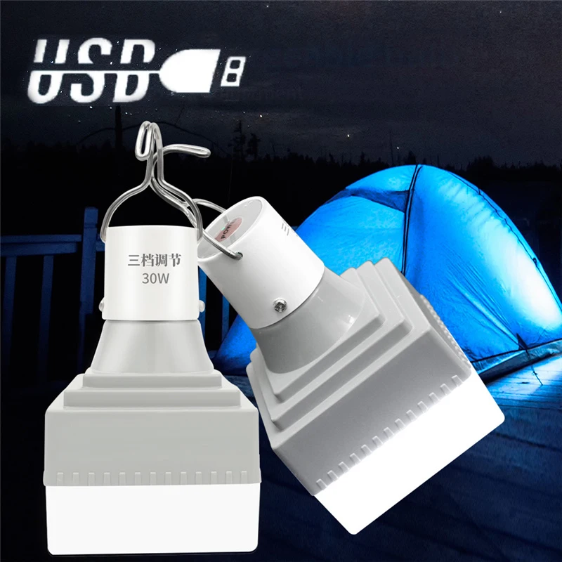 30W USB Rechargeable Light Bulb with Hanging Hook Square LED Bulb Lamps Outdoor Waterproof BBQ Camping Emergency Lighting Bulb