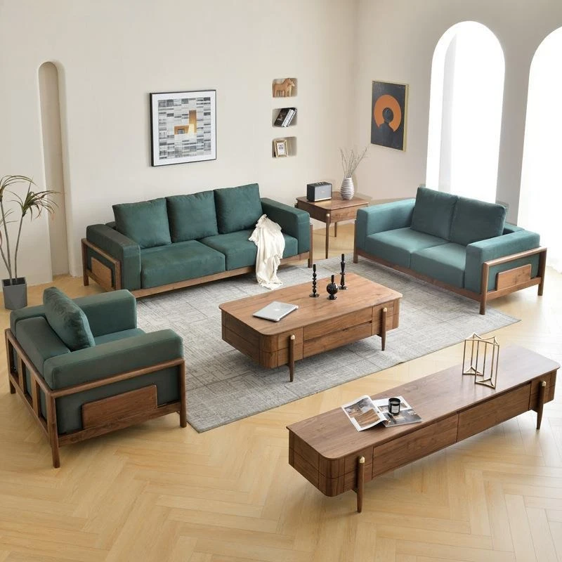 North American black walnut sofa all solid wood, retro Nordic living room fabric combination leather sofa new Chinese furniture
