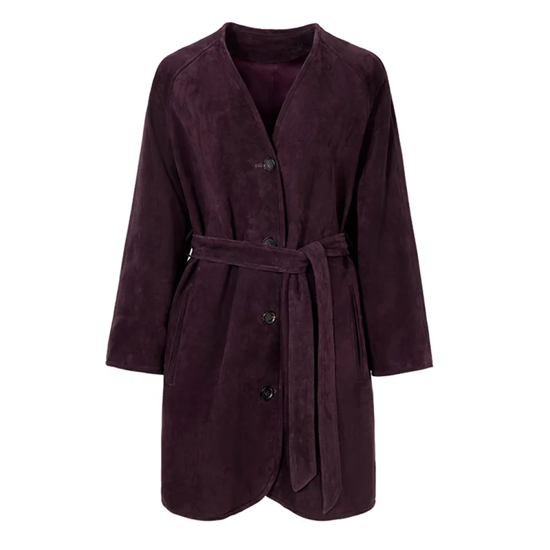 Graben aus 100 % echtem Leder für Damen, Herbst und Winter, hochwertiges Ziegenleder-Wildleder, einreihig, mit Schnürung, mittellanger Damenmantel