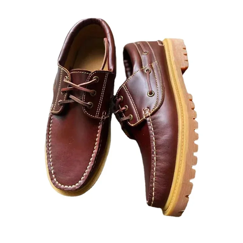 Genuine Leather Motorcycle Shoes Loafers for Men Casual Cowboy Shoes Moccasins Boat Shoes Male Footwear Brown Lace-up Handmade