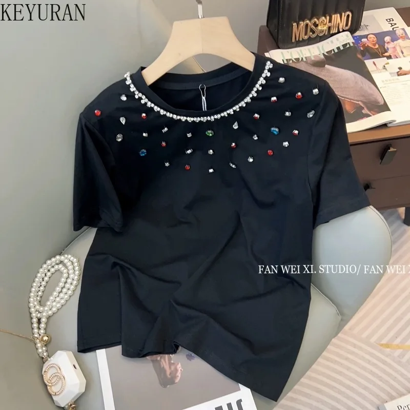 Color Diamond Short Sleeve T-shirt for Women 2024 Summer New Korean O-Neck Versatile Casual Loose Pure Color Cotton Tshirts Tops