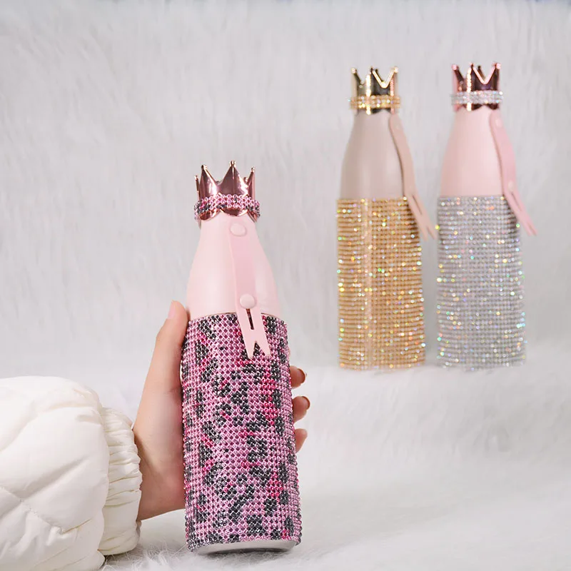 Bling Thermos Bottle Sparkling Rhinestones Double Wall Stainless Steel Insulated Water Bottles Flask Vacuum Bottle  Crown Lid