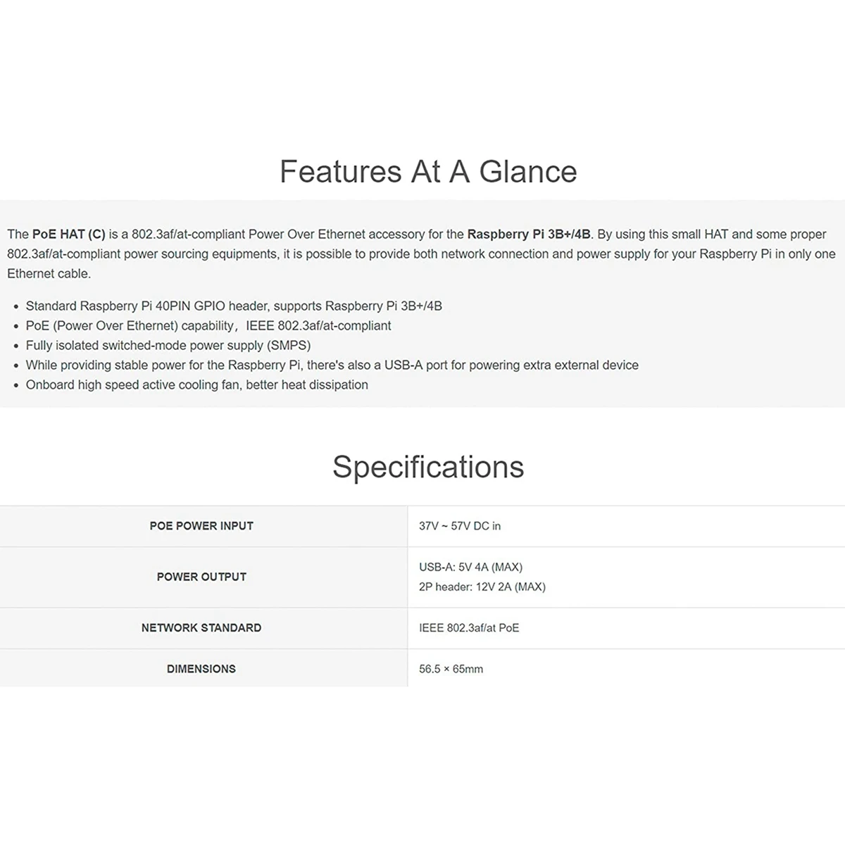 Waveshare Poe Hat (C) Voor Raspberry Pi 4b/3b +, Power Over Ethernet Hoed, Ondersteuning Ieee 802. 3af/At-Compliant Netwerk