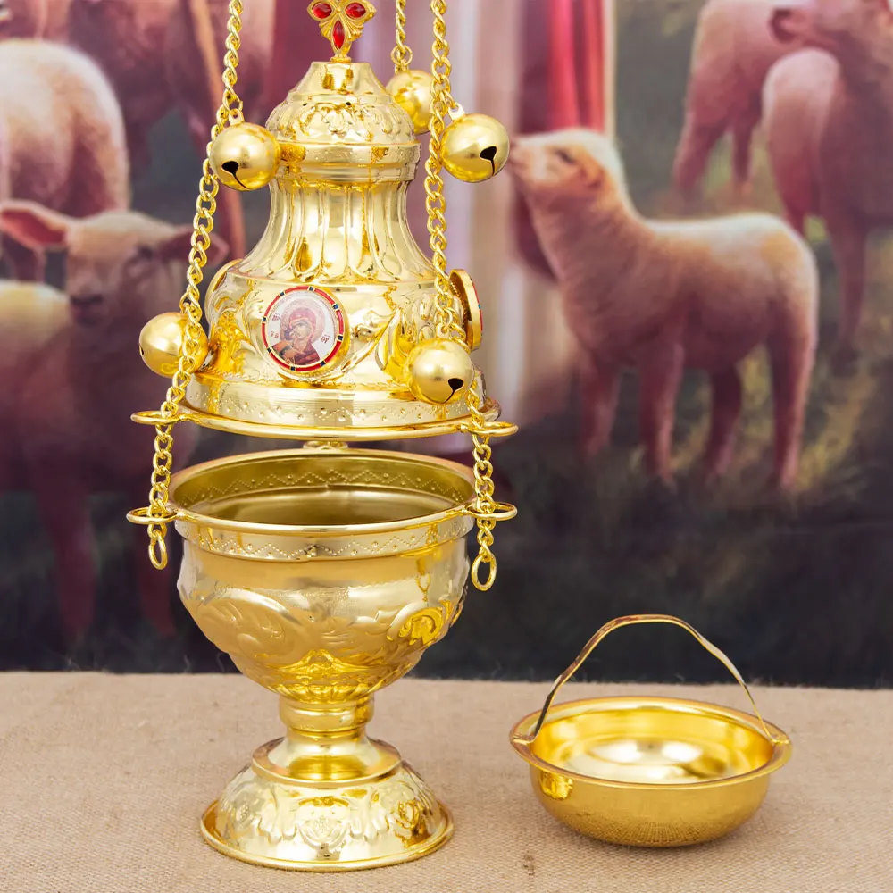 Neuer orthodoxer Weihrauchbrenner mit Kette und Glocken aus vergoldeter Zinklegierung, für Kirchenzeremonien, mit traditionellem Design, Geschenk. – Detail 2
