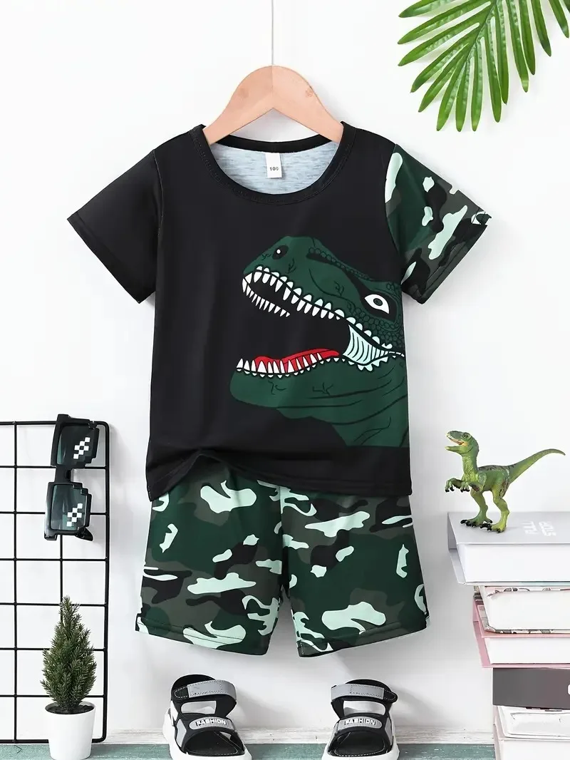 2pcs Boys Casual Camouflage Dinosaur Print Comfortable Short Sleeve T-shirt  Camo Shorts Set Cool  Lightweight and Comfy Summer