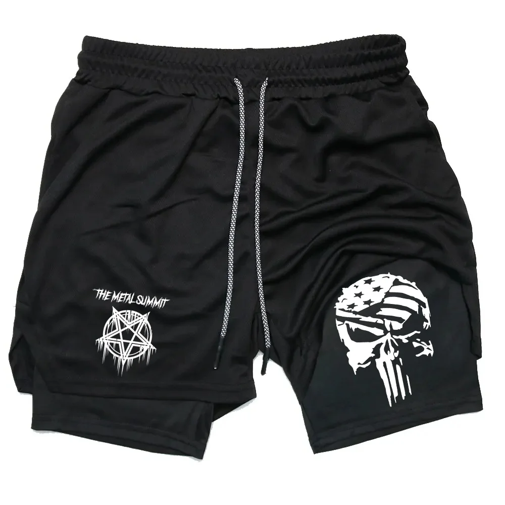 Retro Sports Men Anime Double Layer Shorts Gym Workout Printed Sports Multi-performance Training Quick-drying Jogging Pants Moto