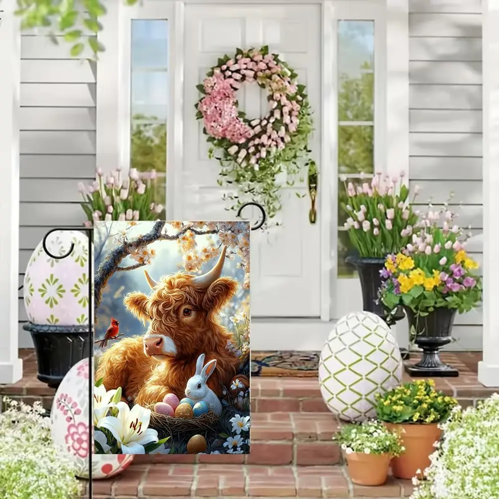 Easter Garden Flags for Outside 12x18 Double Sided, Small Burlap Farmhouse Bunny Highland Cow Garden Flag Easter Outdoor Dec AAS