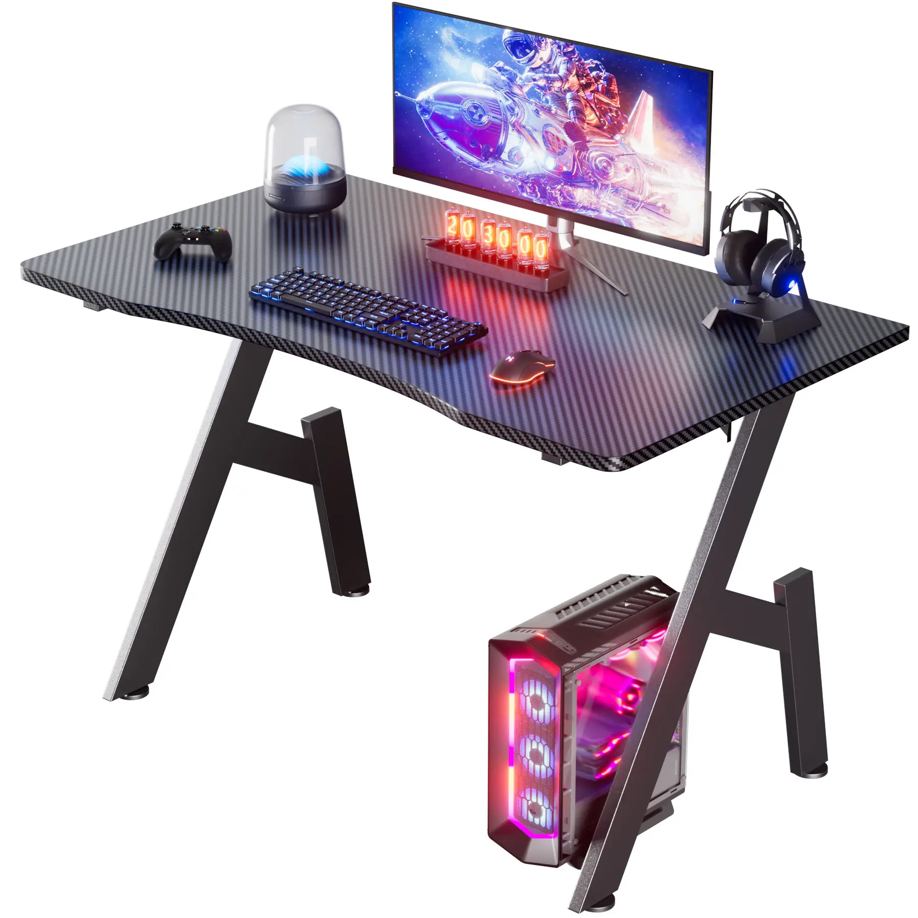 A-Shaped Carbon Fiber Gaming Desk, Ergonomic Computer Workstation Home Office Table With Cup Holder Headphone Hook Stable Steel Frame, Easy to Assemble Space Saving Desk