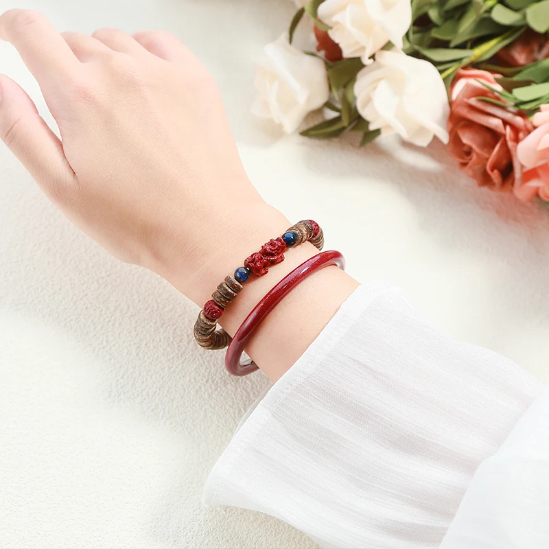 Natural Coconut Shell Bead Wealth Pixiu Bracelets Women Vintage Purple Cinnabar Handmade Elastic Lucky Bangles Healing Jewelry