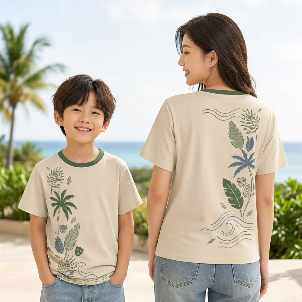 Summer Parent-Child Matching Tropical Tee Breathable Palm Mask Wave Short Sleeve Casual Tops Fun Bank Holiday Plant Theme