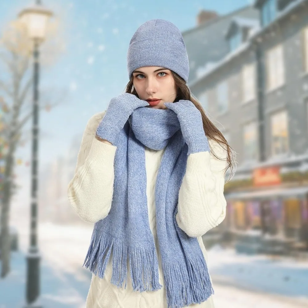 الشتاء الدافئة قبعة صغيرة قفازات لمس طقم وشاح طويل للنساء مع عقال، قبعة متماسكة الأوشحة مع شرابة للنساء