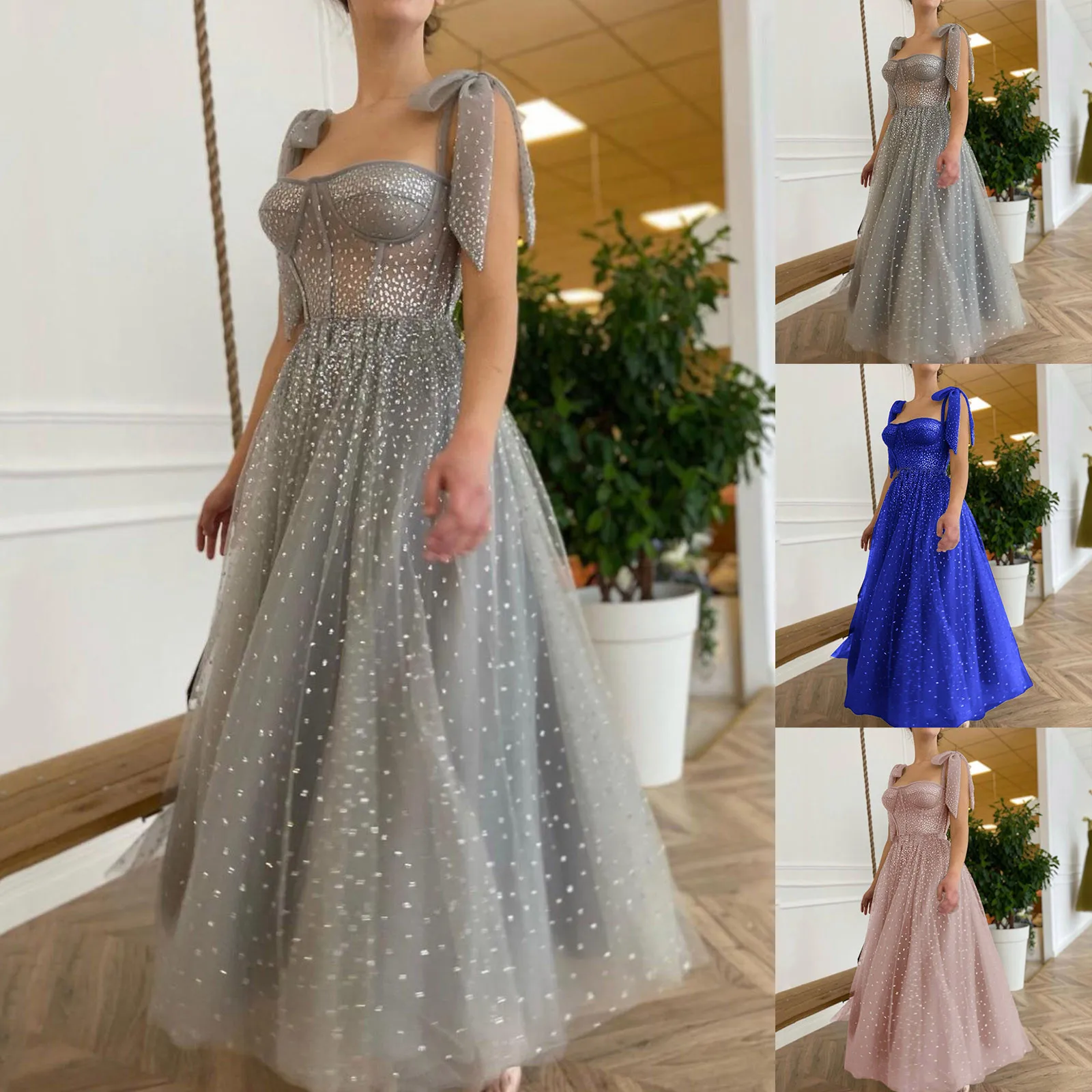 Elegant Party Dresses For Women 2024 Polka Dot  Mesh Glitter Sparkly Sequins Spaghetti Strap Lace Up A-Line Dresses Formal Dress