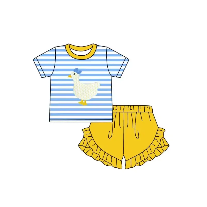 toddler girl clothes toddler boy outfits Cute chick pattern striped short sleeve T-shirt yellow shorts suit Summer two piece set