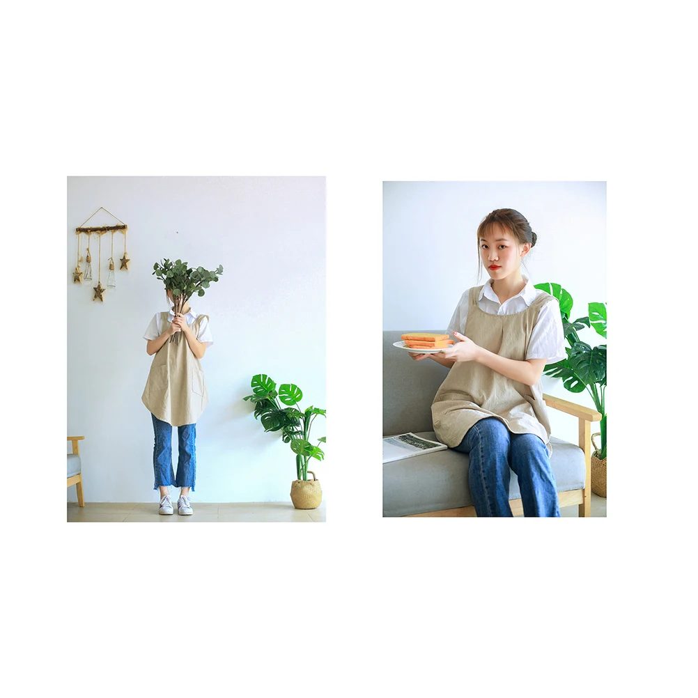

Simple Style Khaki Cotton Linen Sleeveless Apron Stain Resistant Cooking Apron for Home Restaurant Kitchen Housework
