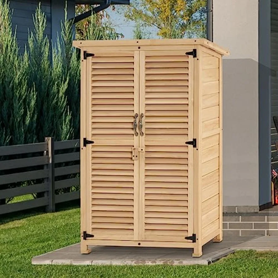 Outdoor Storage Cabinet, Wooden Storage Shed with Latch, Outside Garden Tool Shed with 2 Doors for Patio Yard Lawn, 0709