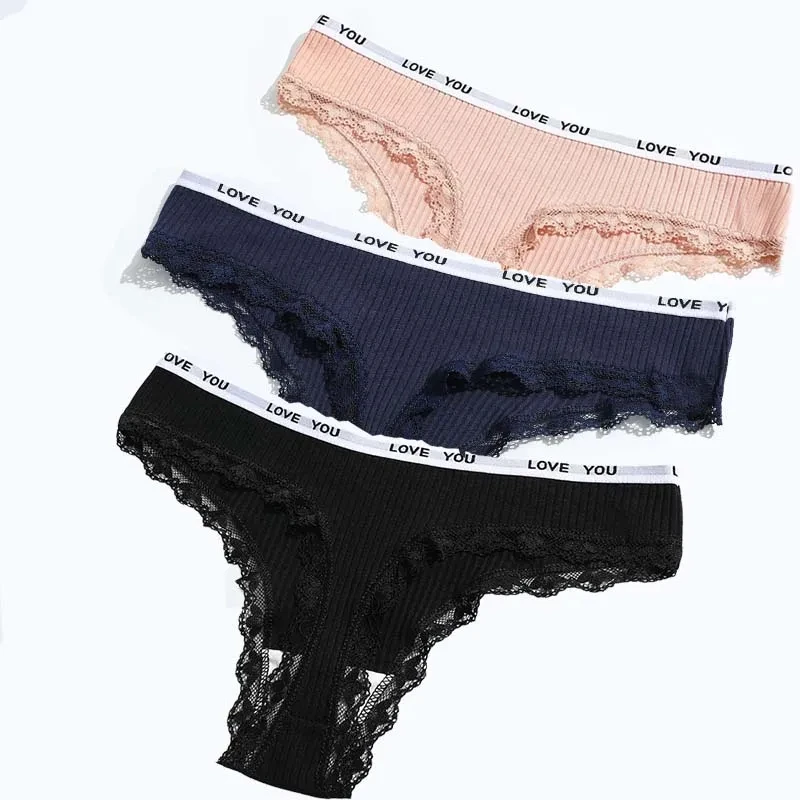 3Pcs/Lot Lace Thong Women\'s Tanga Low Waist Sexy Lingeries Cotton Panties Laides T Back Pants Girl\'s  Underpants Underwear