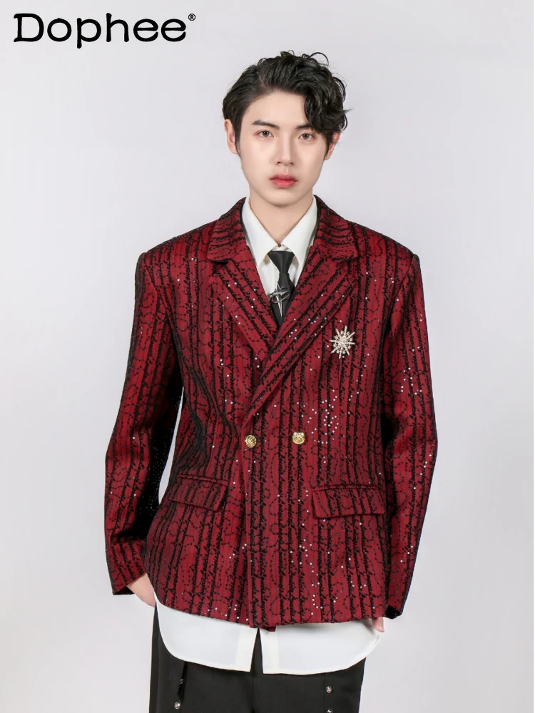 

Trendy Male Blazers Men's 2024 Autumn New High-end Sequins Loose Suit Jacket Splicing Embroidery Shoulder Padded Suit Jackets