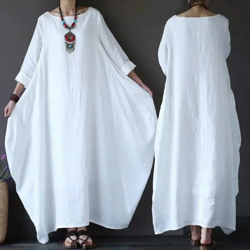 ผู้หญิงฤดูร้อนบางฝ้ายลินินหลวมชุดวรรณกรรม Boho ชุดแขนยาวเลดี้สีทึบ Robe Vintage Kaftan
