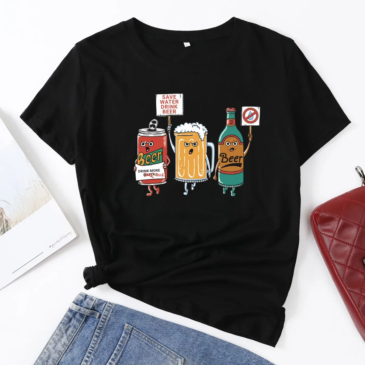 Kawaii Humorous Save Water Drink Beer Woman TShirt Summer Short Sleeve Tops Harajuku Aesthetic Graphic Tshirts Ropa Mujer