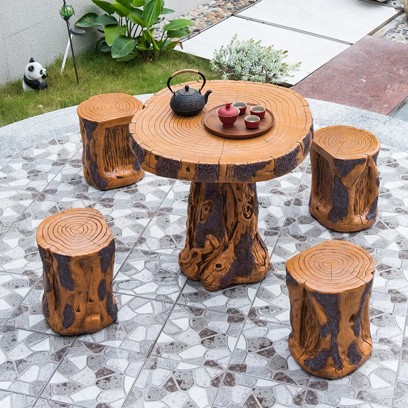 Outdoor imitation solid wood courtyard tables and chairs Outdoor open-air balcony Small round table Outdoor villa Park leisure t