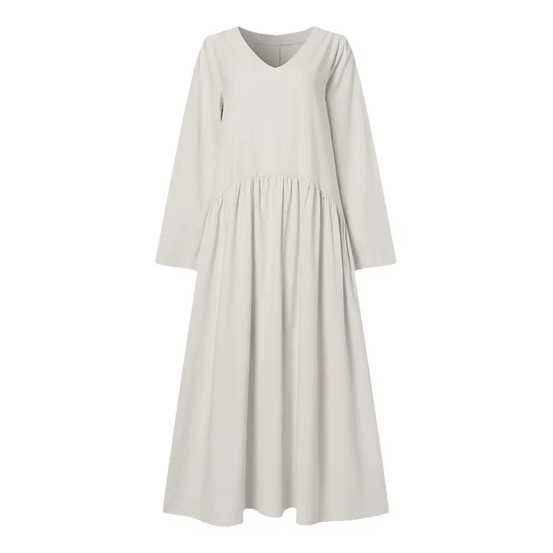Elegant Solid Color Cotton Linen Long Dress For Women Spring Autumn Casual V Neck Full Sleeve Maxi Dresses Simple Robe Femme