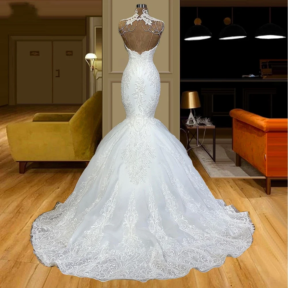 Robe de Mariée Sirène en Dentelle Personnalisée, Col Haut, avec Glands Appliqués, avec Traîne de Balayage, Dos aux, Éducative, pour Patients