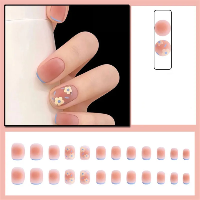 Champagne Zircon Spring/Summer Wearable Women Nail Patch Gentle Frosted French Halo Dyed Small Flower Nail Finished Product