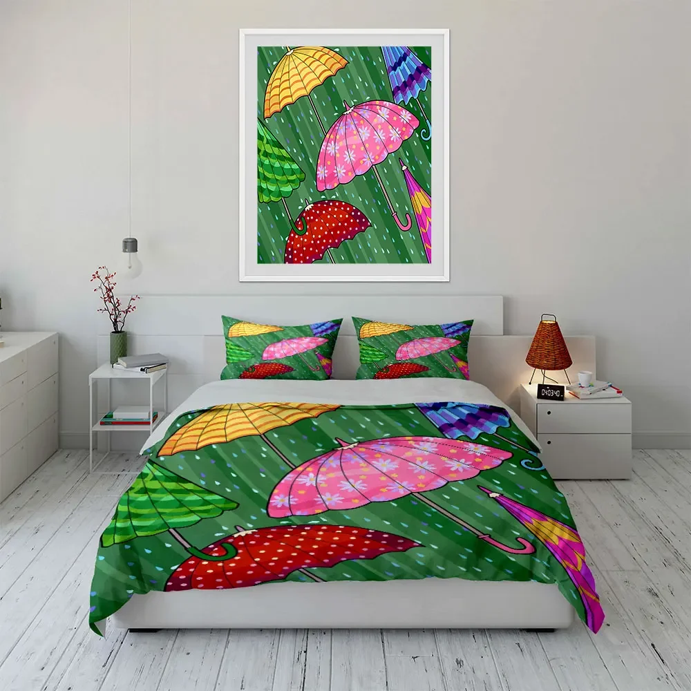Colorful Umbrella Set for Rain Soft Comfortable Duvet Cover Bedding Set Included 1*Duvet Cover & 2*Pillowcases, gift