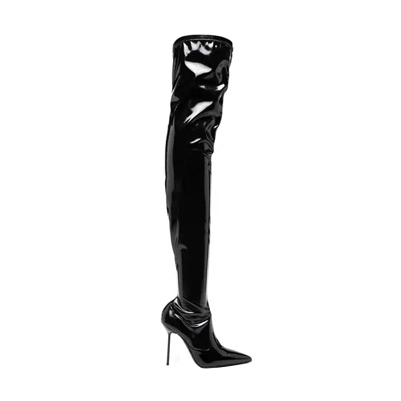 Arden Furtado 2024 Black Patent Leather Over the knee boots Pointed toe Patchwork Side zipper Super high heel Modern boots