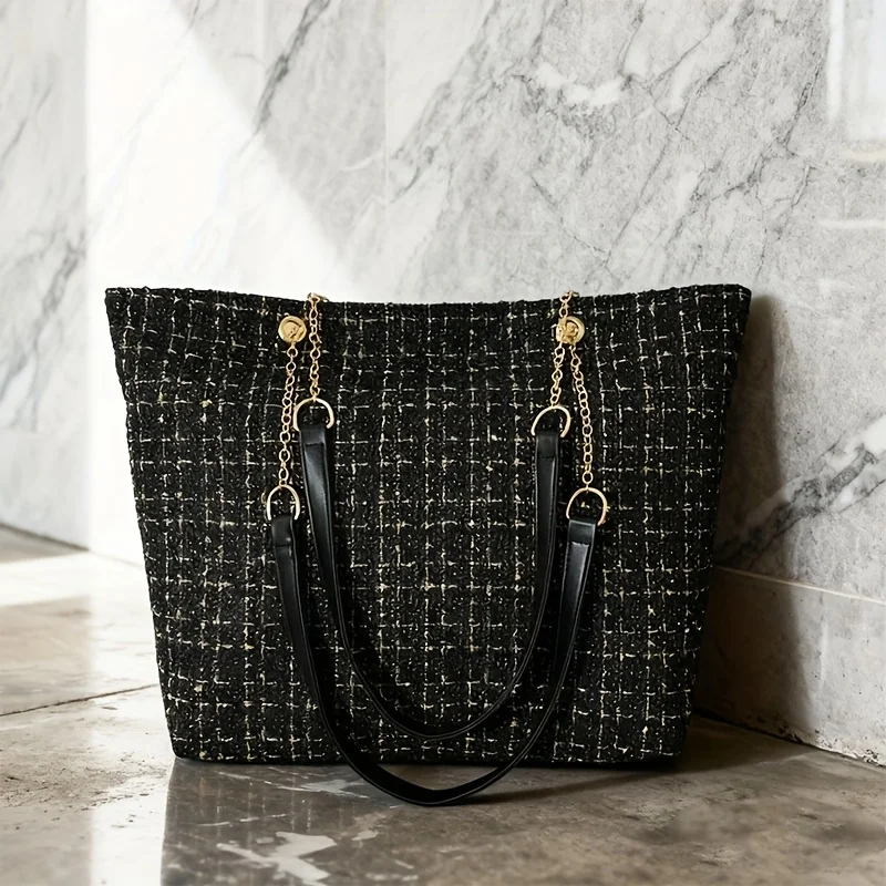 Elegante Damen-Vintage-Tweed-Tragetasche mit Karomuster, elegante Schultertasche mit großem Fassungsvermögen und goldenem Kettenakzent – Detail 4