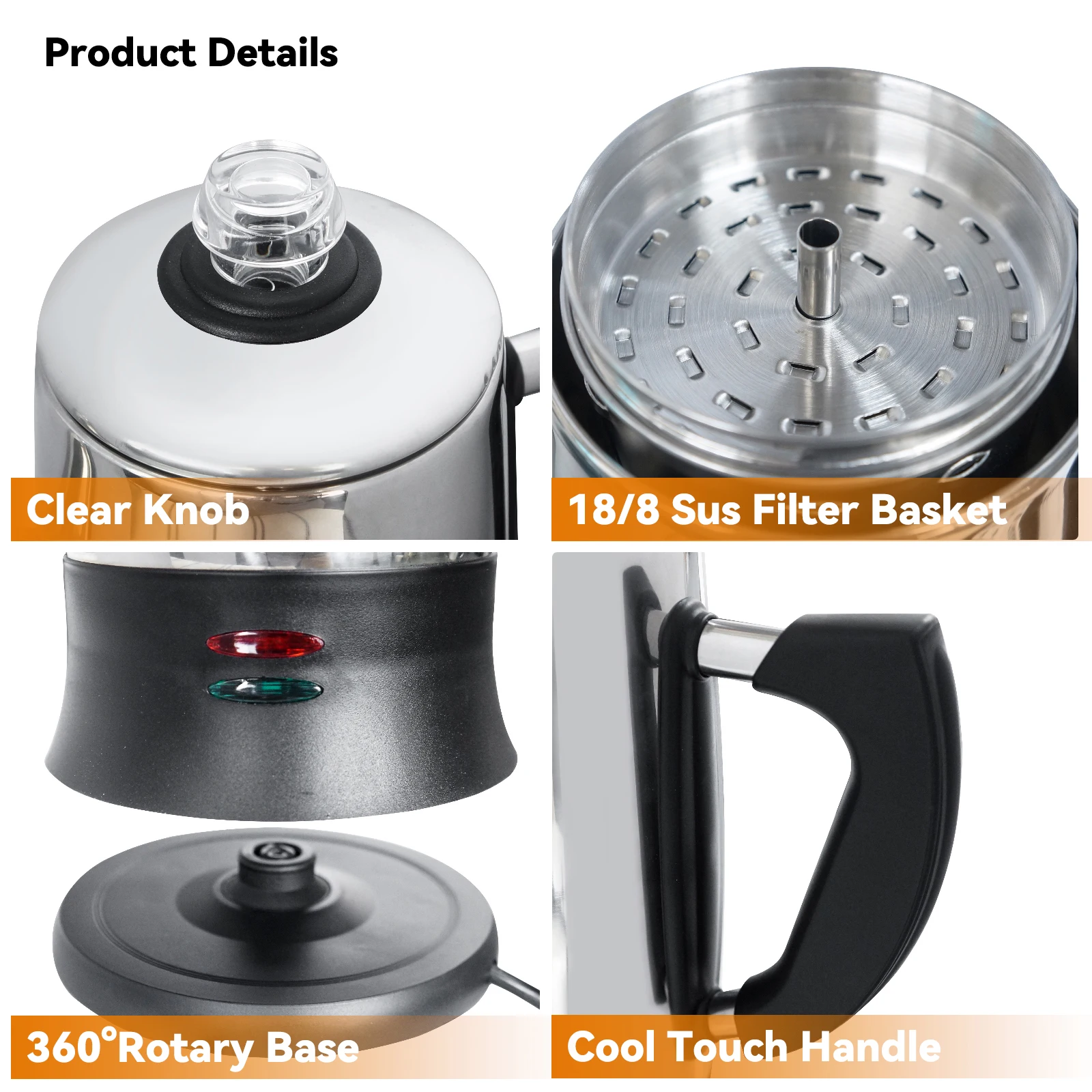 1.8L Electric Coffee Percolator Stainless Steel 12 Cups Automatic Italian Coffee Maker Machine Home Gift Classic Brewing Pot