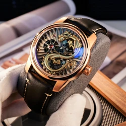 OBLVLO Designer Men's Rose Gold Dragon Automatic Watch Luxury Creative Wheels Luminous Leather Mechanical Watch for MenJM-DRAGON