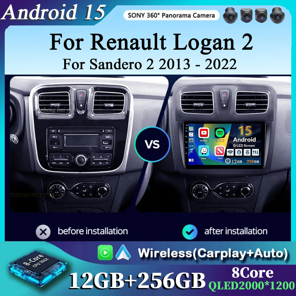 

For Renault Logan 2 2012 - 2022 Sandero 2 2013 - 2022 Android 15 Carplay Auto Car Radio Multimedia Video Player Navigation GPS