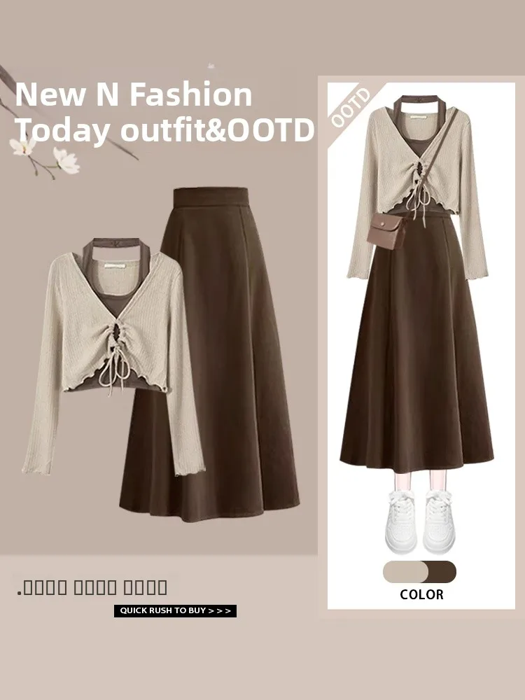 

Весенний новый облегающий топ больших размеров и юбка с высокой талией, комплект из двух предметов, женский дизайн Sense Illusory Thinn f Body ...