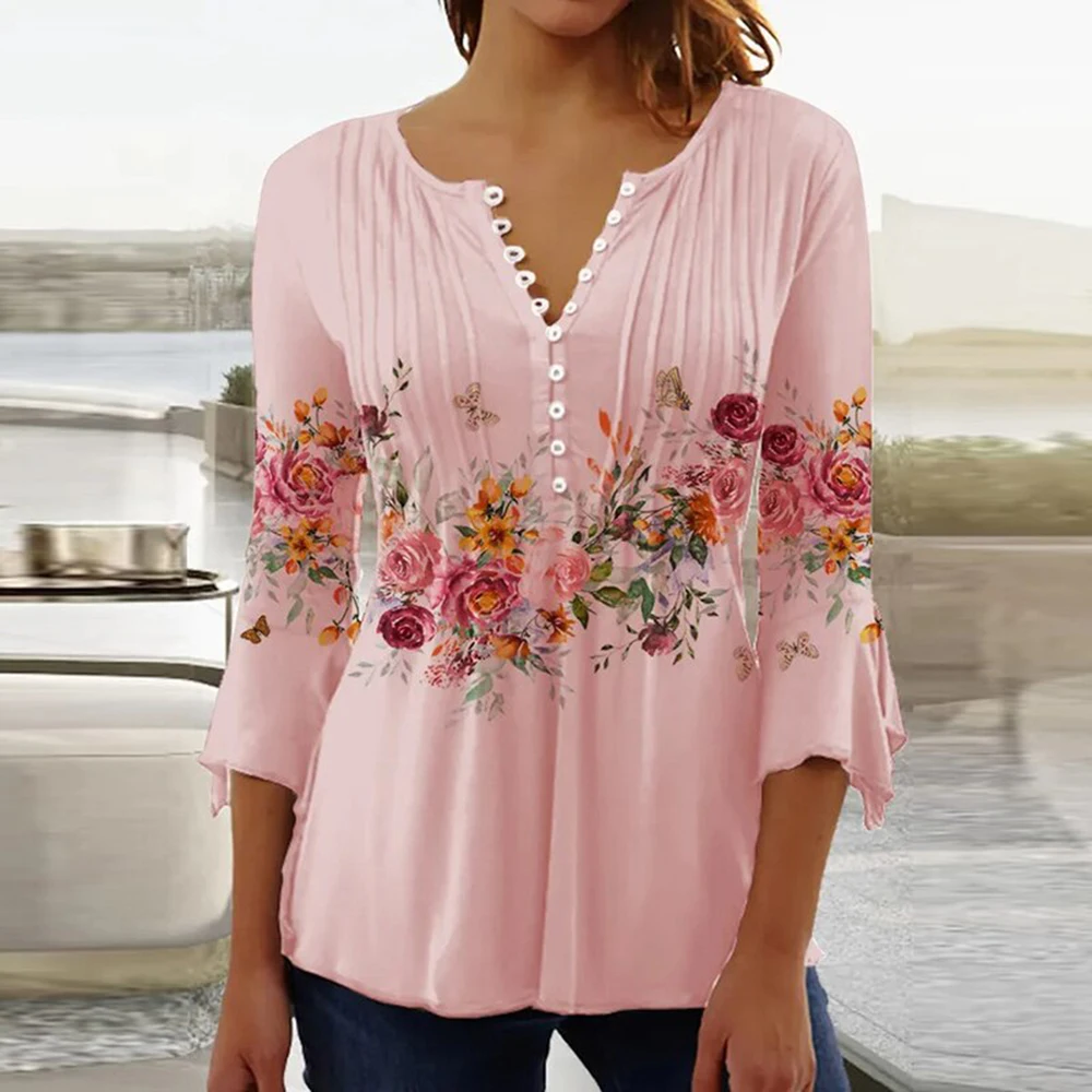 2024 trend ige 3D-bedruckte Hemden für Frauen Frühling Sommer Ärmel V-Ausschnitt Knöpfe Bluse Hemd elegante Damen Langarm Tops